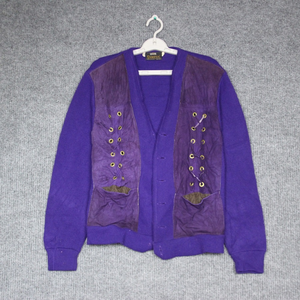 Vintage‎ Campus Purple Cardigan Sweater Lace Up Front Pockets Size L